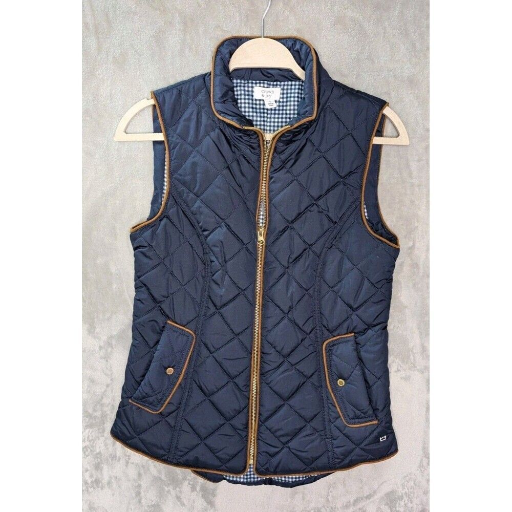 Women's Crown & Ivy Quilted  Zip Vest Navy Blue SIZE S Gingham With Trim